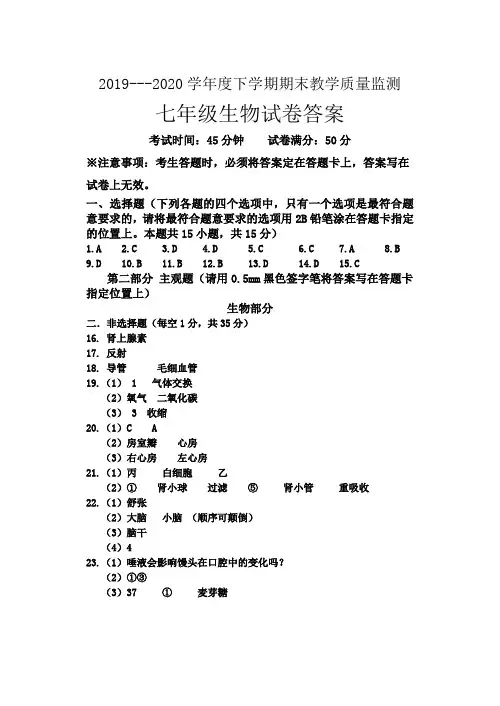 2019—2020学年度下学期期末教学质量监测生物七年级试题7答案