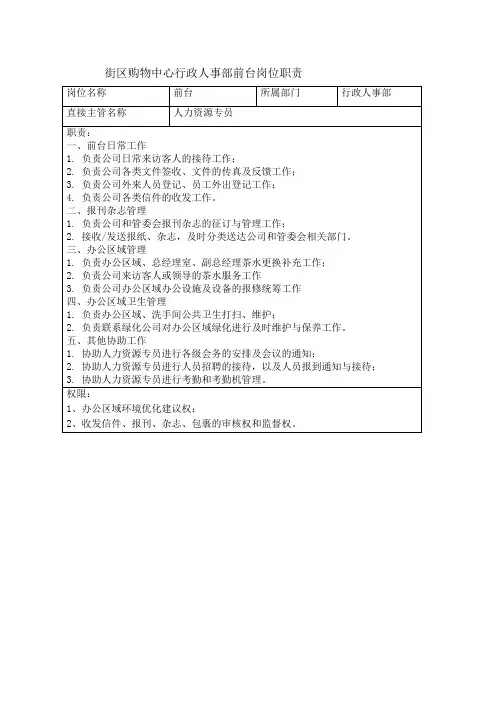 街区购物中心行政人事部前台岗位职责