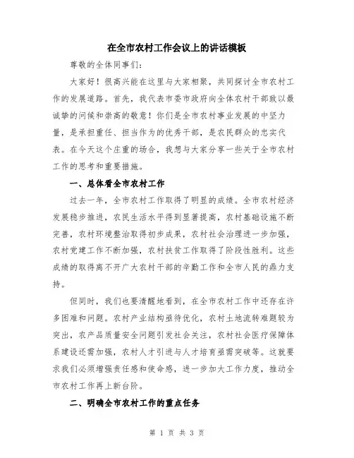 在全市农村工作会议上的讲话模板