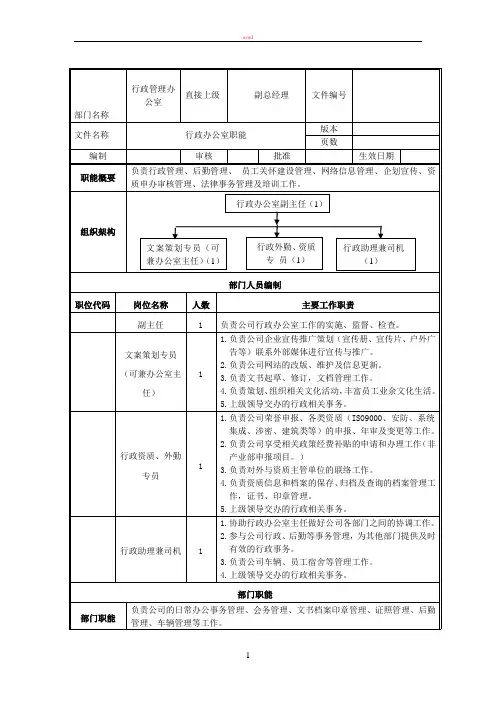 行政管理办公室部门职能及岗位职责