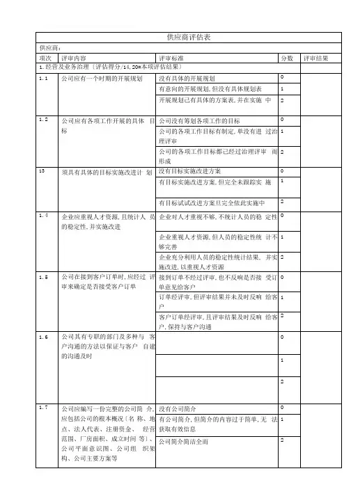 完整版供应商评价表详细版