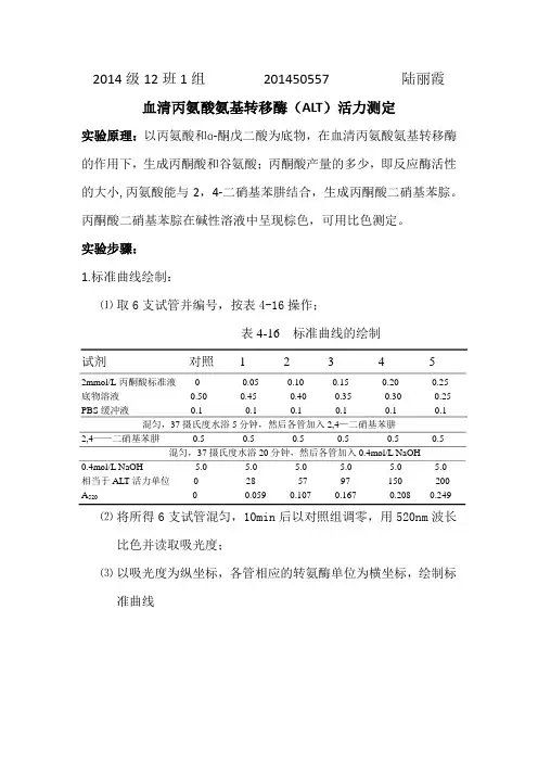血清丙氨酸氨基转移酶(ALT)活力测定