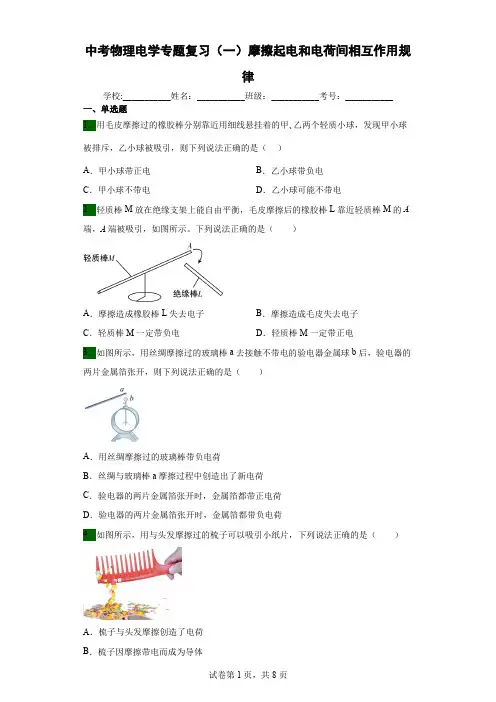 中考物理电学专题复习(一)摩擦起电和电荷间相互作用规律