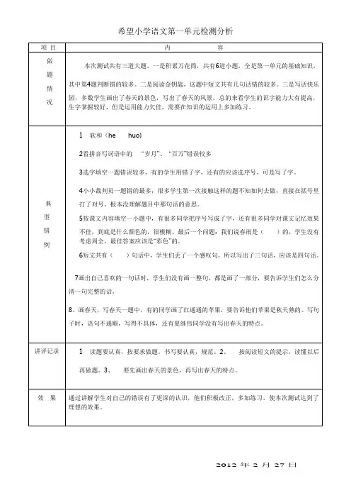一年级下册语文第一单元试卷分析