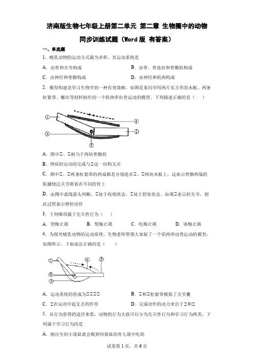 济南版生物七年级上册第二单元 第二章 生物圈中的动物 单元测试(Word版 有答案)