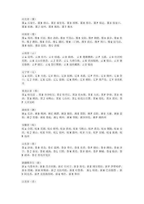 全国各地车牌字母代表城市