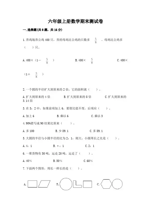 六年级上册数学期末测试卷附完整答案(历年真题)