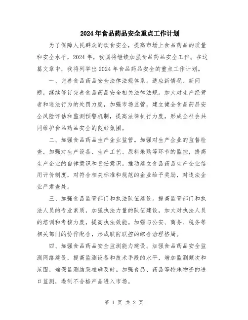 2024年食品药品安全重点工作计划