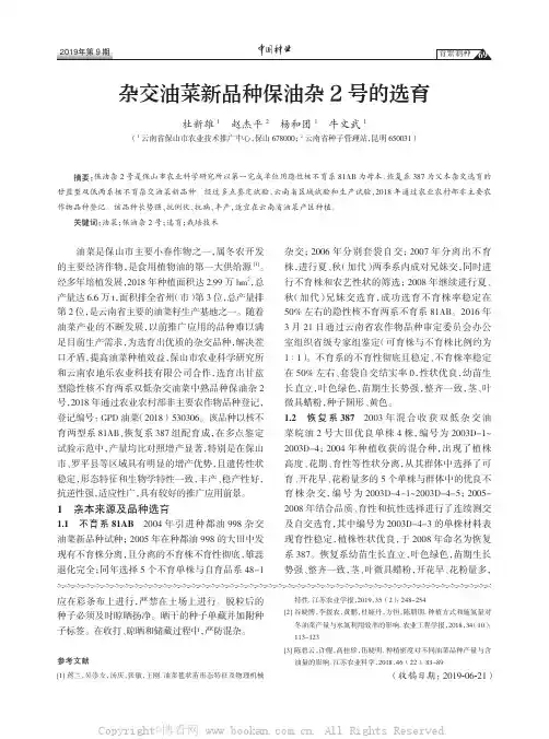 杂交油菜新品种保油杂2 号的选育