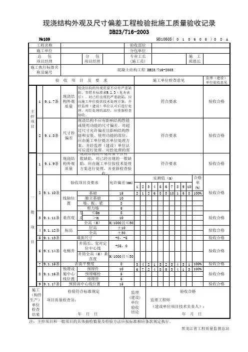 现浇结构外观及尺寸偏差工程检验批施工质量验收记录
