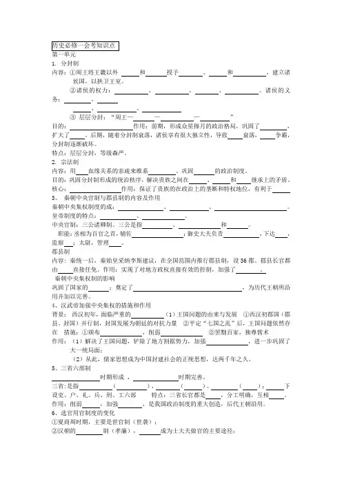 2018年湖南省学业水平考试高中历史人教版必修一知识点