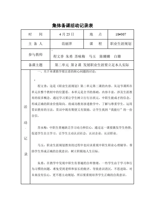 集体备课活动记录表