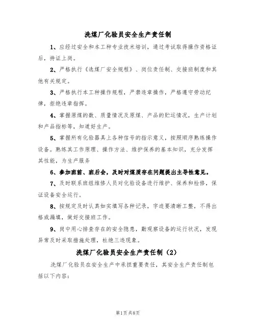 洗煤厂化验员安全生产责任制(5篇)
