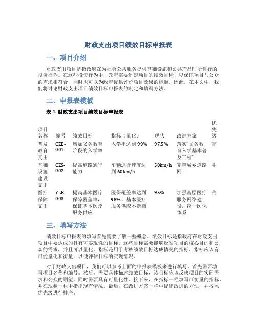 财政支出项目绩效目标申报表