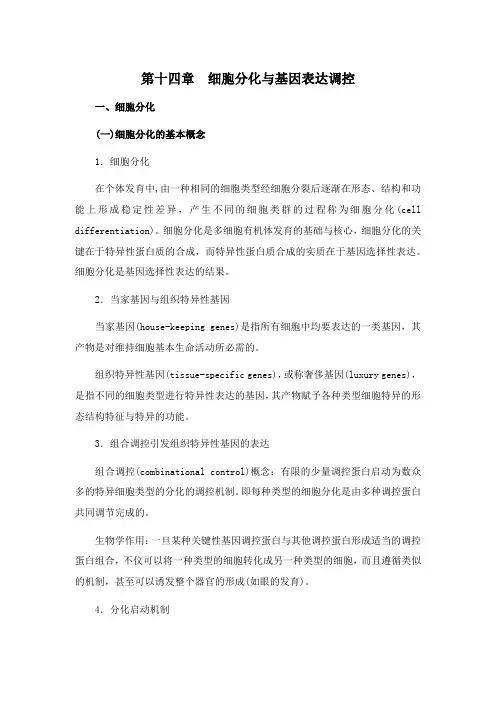 细胞生物学[第十四章细胞分化与基因表达调控]课程预习