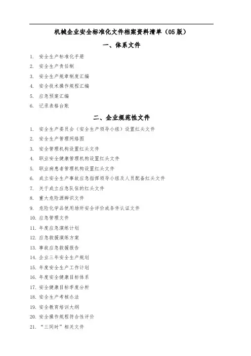 05版机械企业安全标准化文件档案资料清单