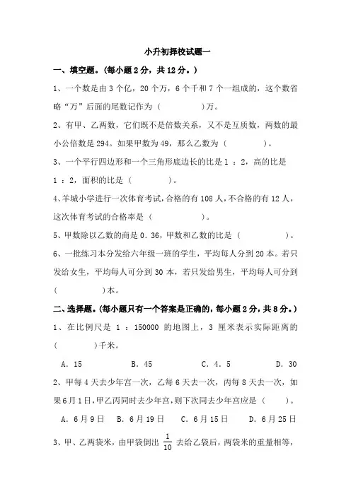 人教版小升初择校试题两份