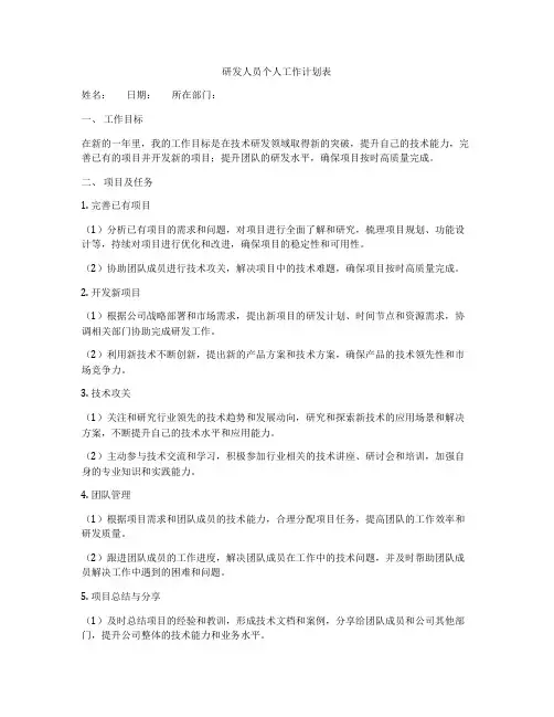 研发人员个人工作计划表