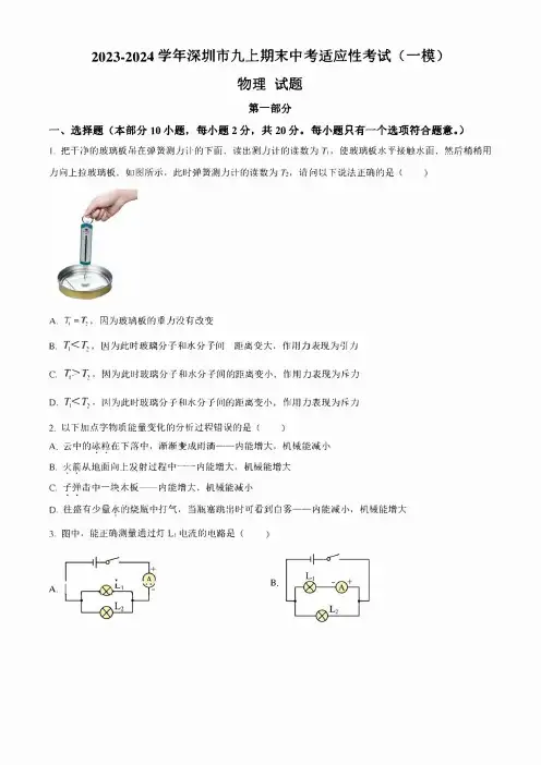 2023-2024学年深圳市九上期末中考适应性考试(一模)物理 试题(学生版+解析版)