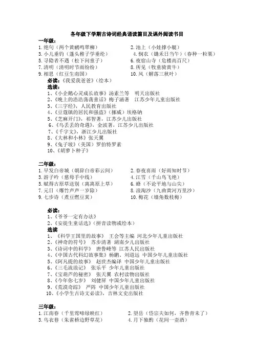 各年级下学期古诗词经典诵读篇目及课外阅读书目