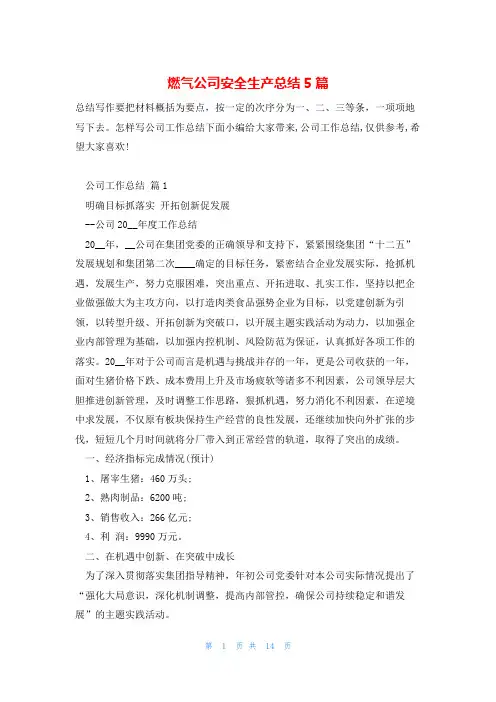 燃气公司安全生产总结5篇