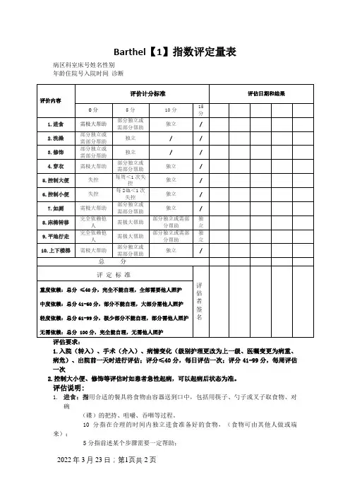 Barthel指数评定量表(原表)