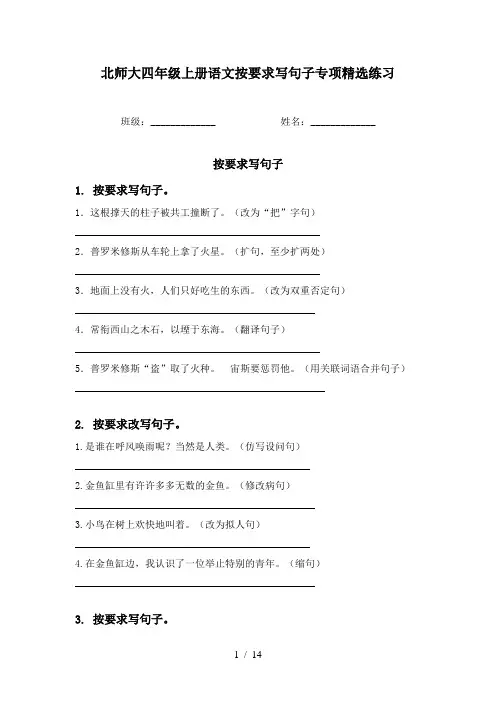 北师大四年级上册语文按要求写句子专项精选练习