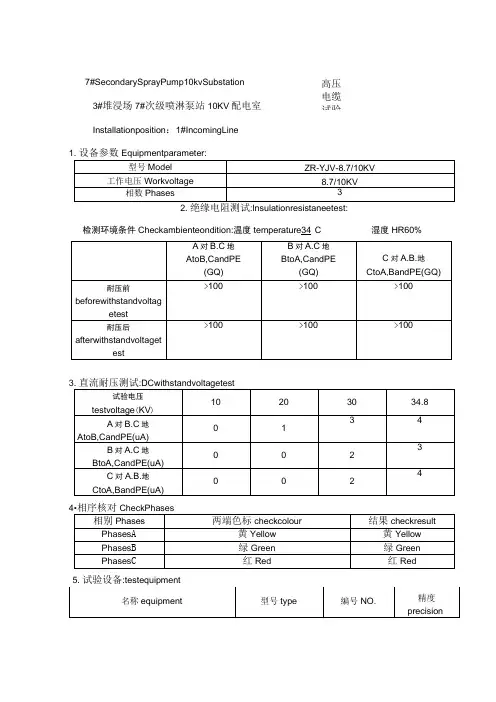 10KV高压电缆试验记录