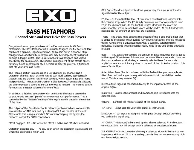电子杰尼锋XO Bass Metaphors Bass效果器说明书