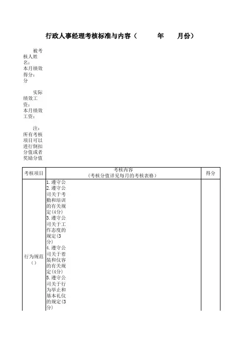 行政人事部经理考核标准与内容