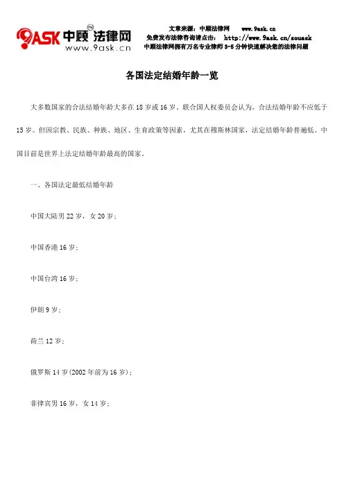 各国法定结婚年龄一览