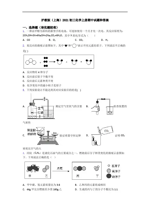 沪教版(上海)2021初三初三化学上册期中试题和答案