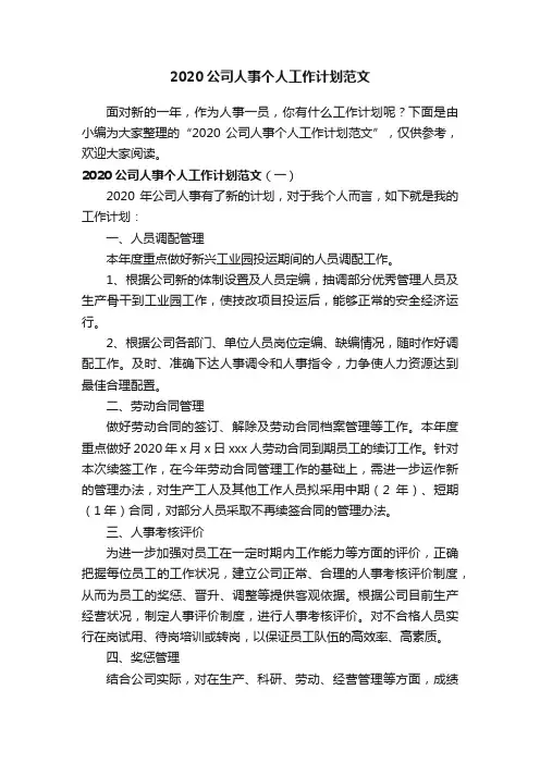 2020公司人事个人工作计划范文