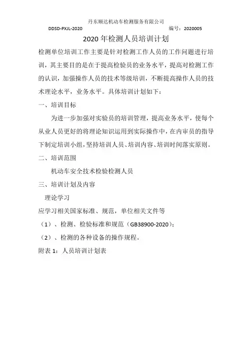 2020年检测人员培训计划(38900)