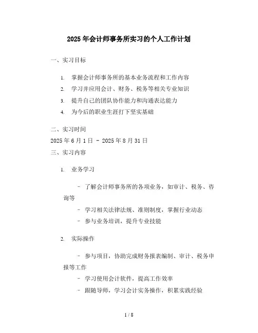 2025年会计师事务所实习的个人工作计划