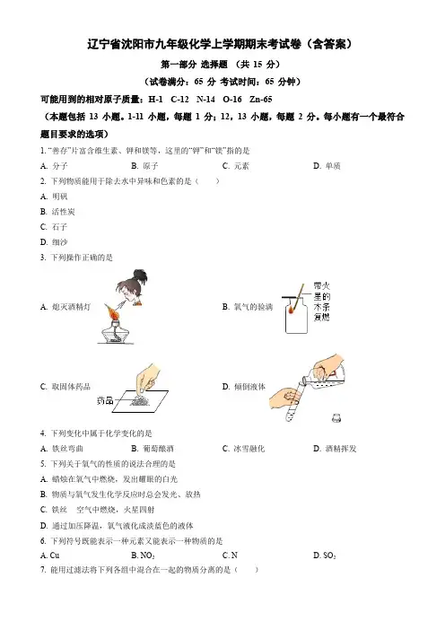 辽宁省沈阳市九年级化学上学期期末考试卷(含答案)