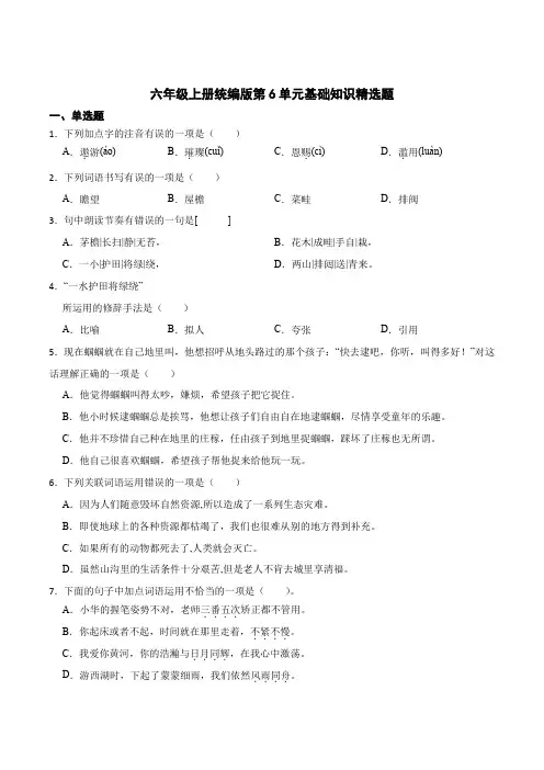 语文六年级上册统编版 第6单元基础知识精选题