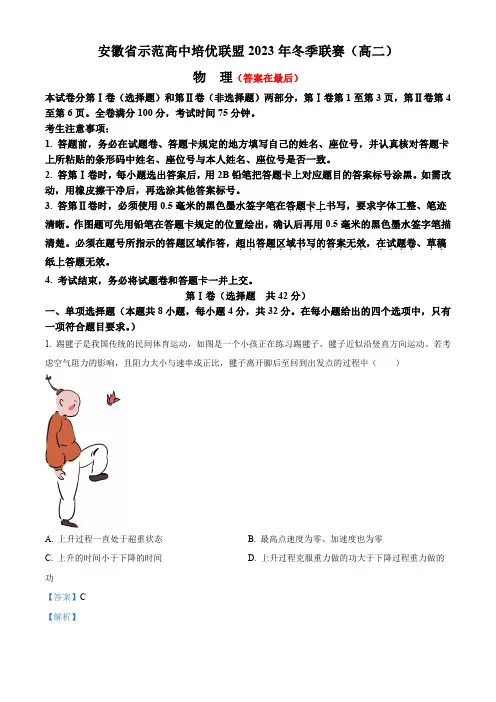 安徽省示范高中培优联盟2023-2024学年高二上学期冬季联赛物理试题含答案