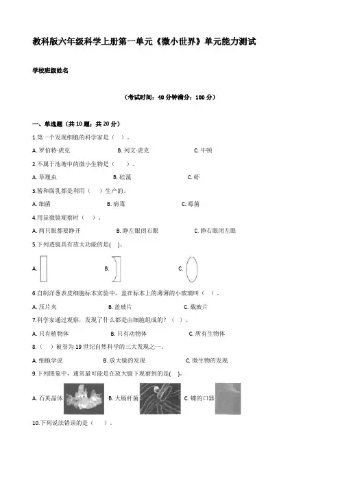 教科版小学科学六年级上册第一单元《微小世界》检测试题及答案
