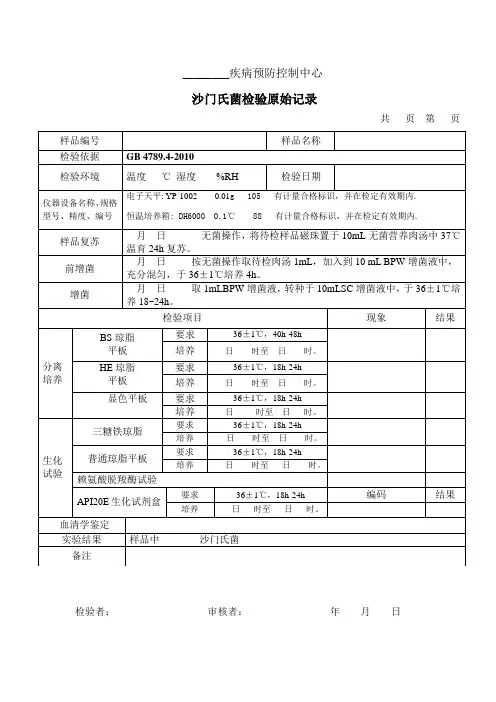 沙门氏菌检验原始记录
