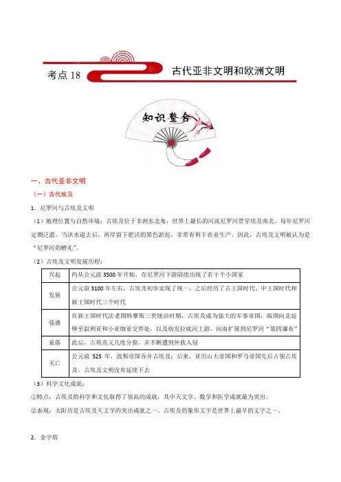 2020年中考历史考点18：古代亚非文明和欧洲文明