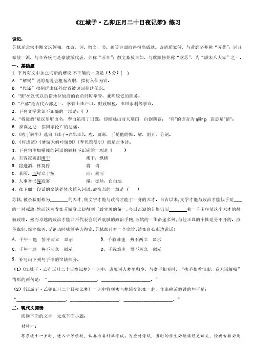 《江城子乙卯正月二十日夜记梦》练习