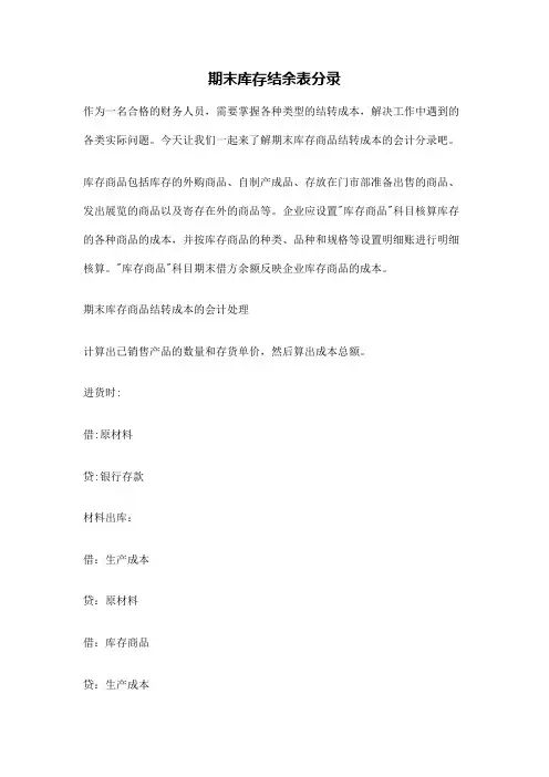 期末库存结余表分录