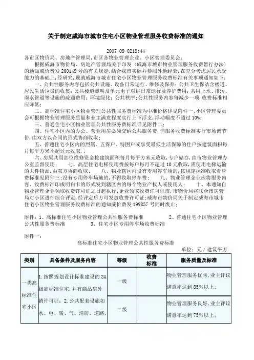 制定威海市城市住宅小区物业管理服务收费标准的通知