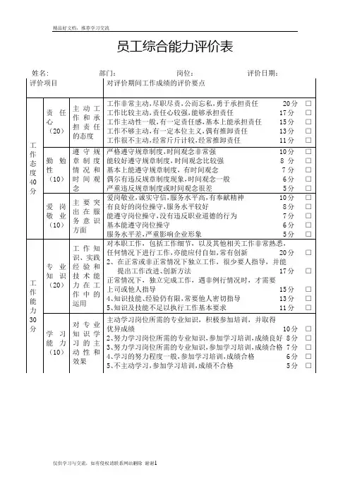 最新员工综合能力评价表