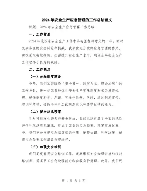 2024年安全生产应急管理的工作总结范文