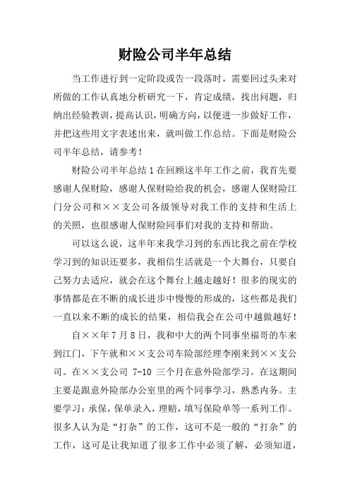 (精选总结范文)2019年财险公司半年总结