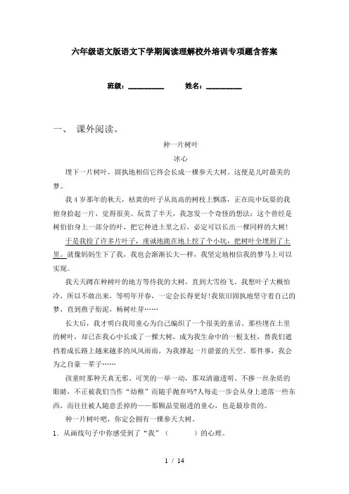 六年级语文版语文下学期阅读理解校外培训专项题含答案