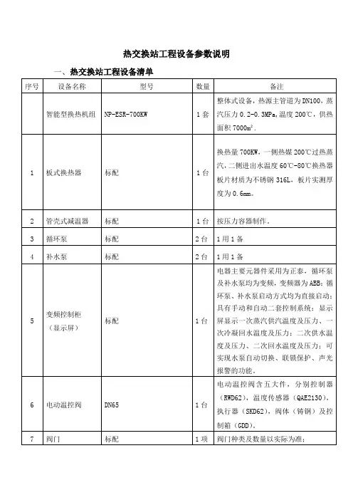 热交换站工程设备参数说明
