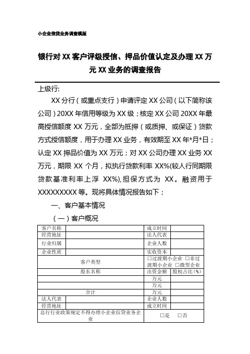 银行对XX客户评级授信、押品价值认定及办理XX万元XX业务的调查报告(小企业信贷业务调查模板)